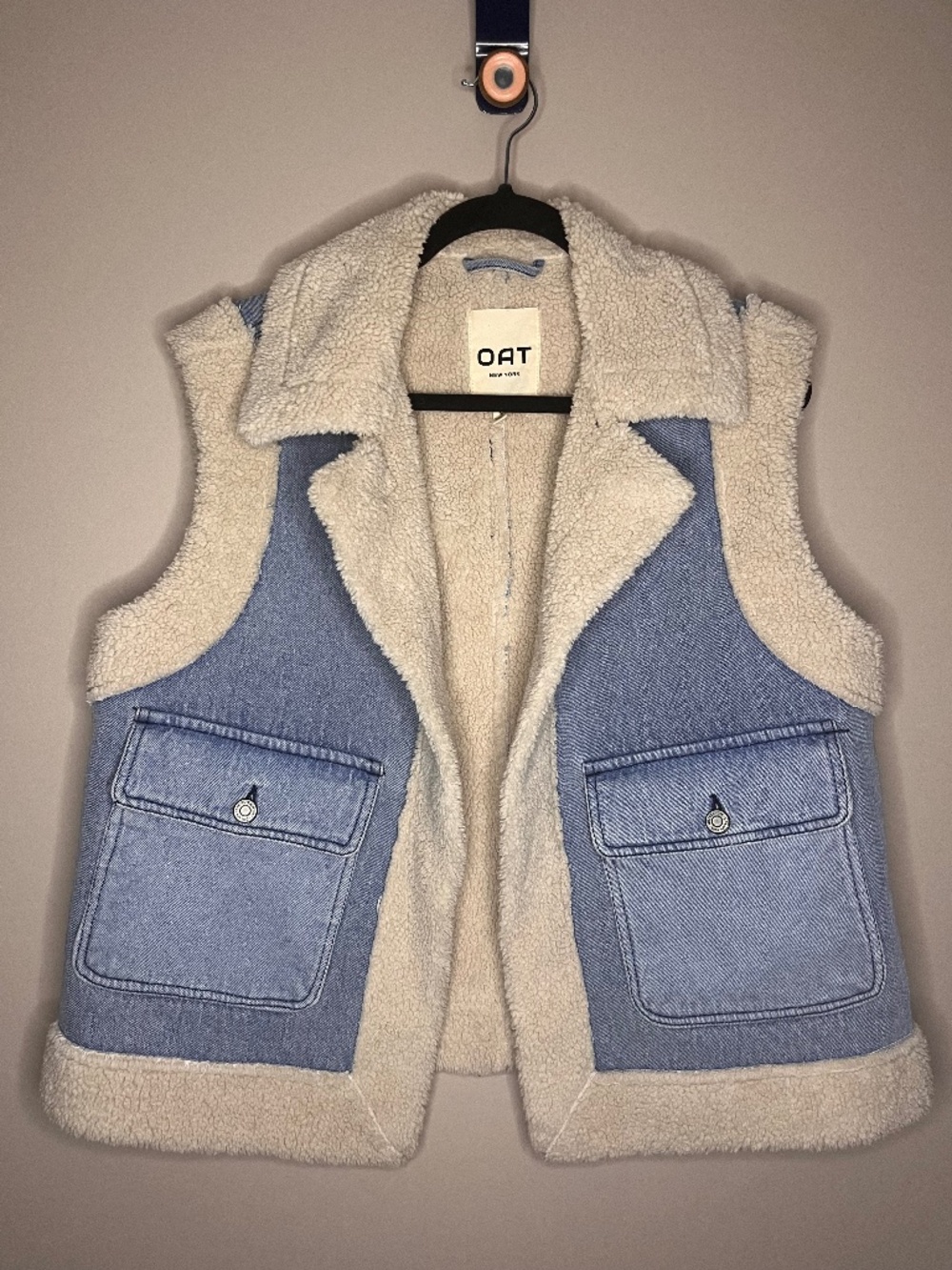 OAT New York sherpa fleece lined denim vest, S